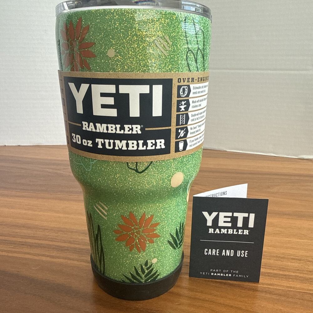 Tropical 30 oz Yeti Rambler Tumbler Custom Green Glitter Flowers - Rubber Bottom